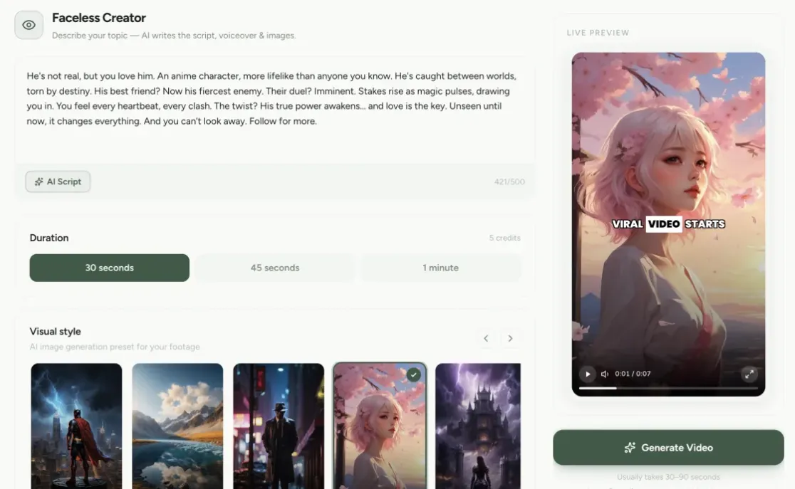 ShortClip AI script generator — write a faceless video script from a topic prompt