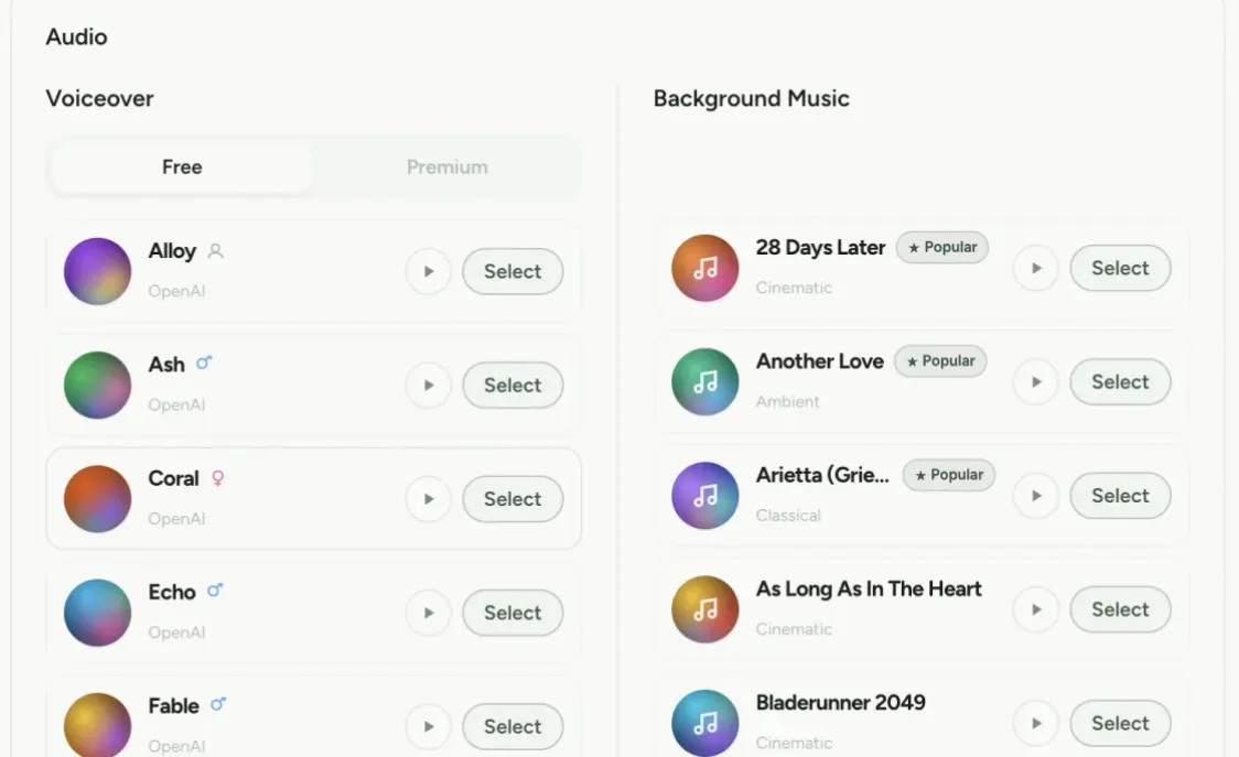 ShortClip AI voiceover selector — ElevenLabs studio voices and royalty-free music for faceless videos